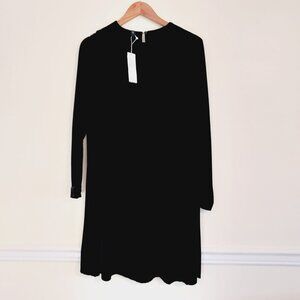 🏷EILEEN FISHER Black Silk Velvet Shift Dress Pockets Crew Neck